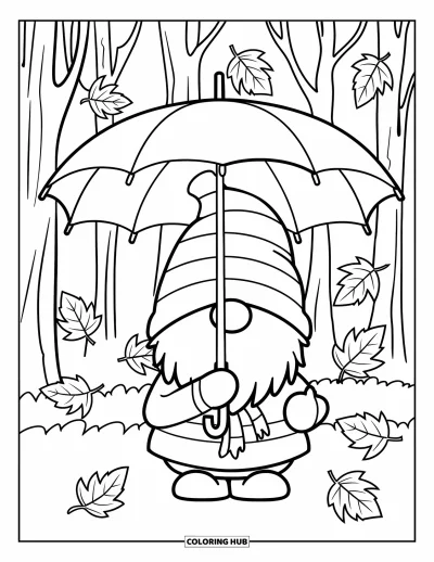 Coloriage de gnome d'automne pour enfants : Un gnome bien au chaud avec une écharpe tient un parapluie sous de grands arbres aux feuilles qui tombent