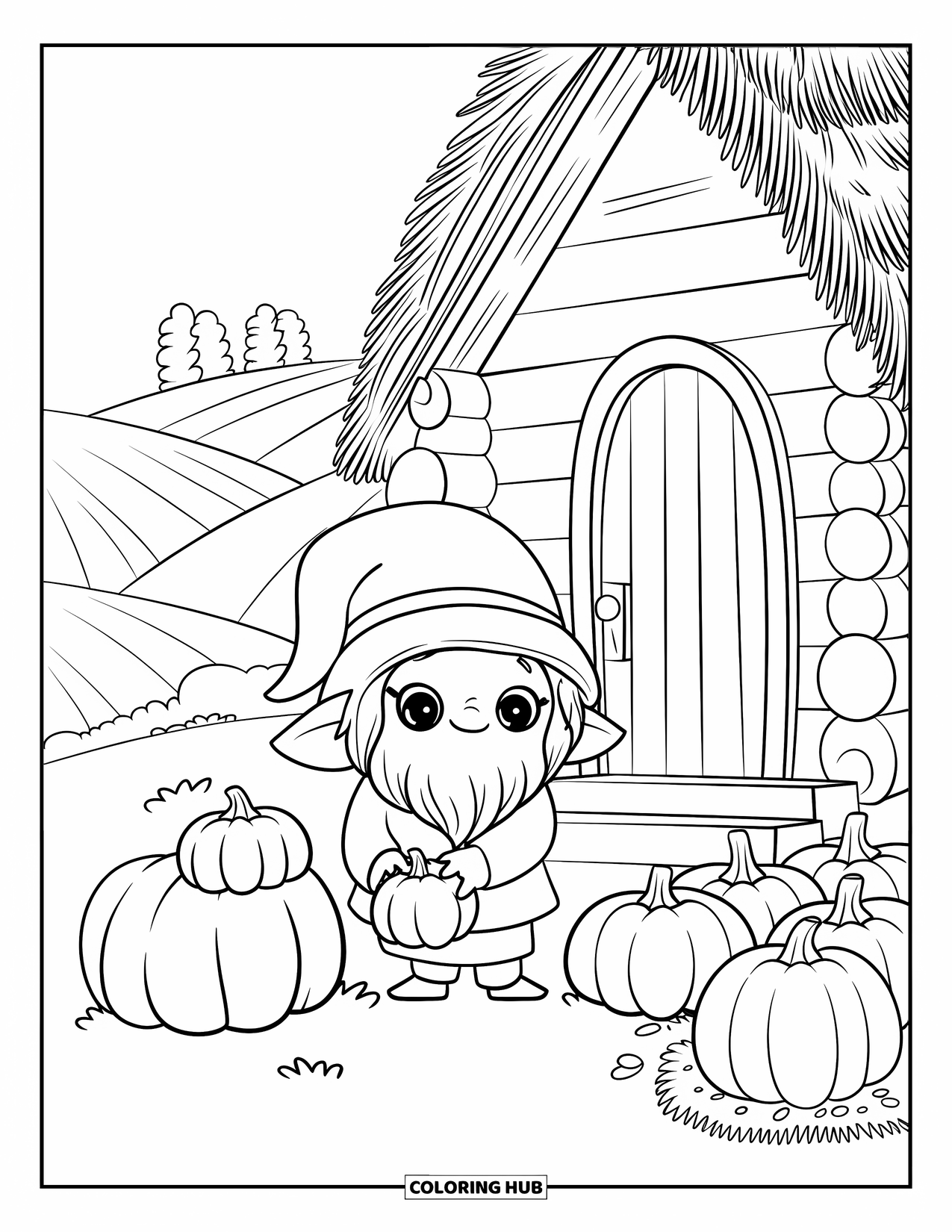 Fall Gnome Coloring Page for Kids: A fall gnome sets pumpkins down near a thatched cabin and rolling hills