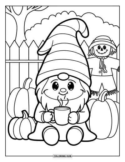 Coloriage de gnome d'automne pour enfants : Un gnome d'automne avec une tasse sourit près de citrouilles, d'un épouvantail et d'une clôture