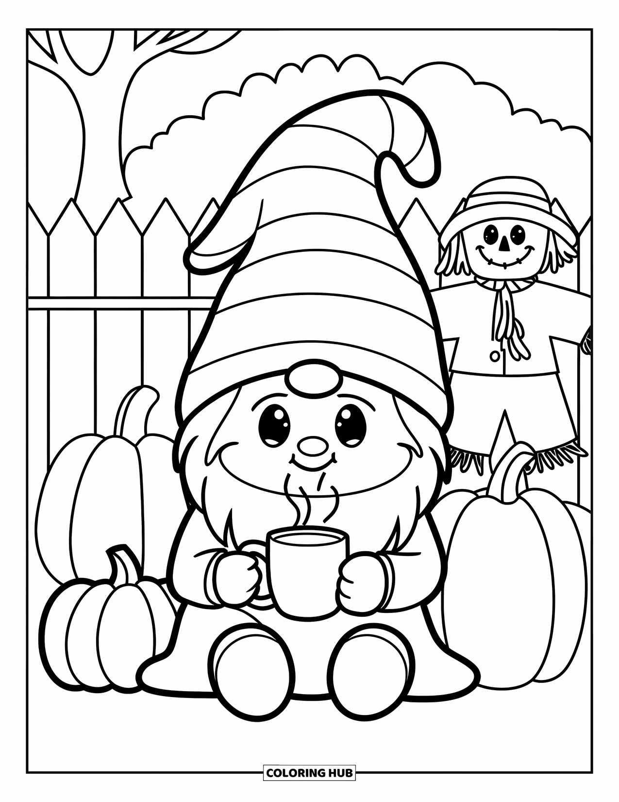 Fall Gnome Coloring Page for Kids: A fall gnome with a mug smiles near pumpkins, a scarecrow, and a fence