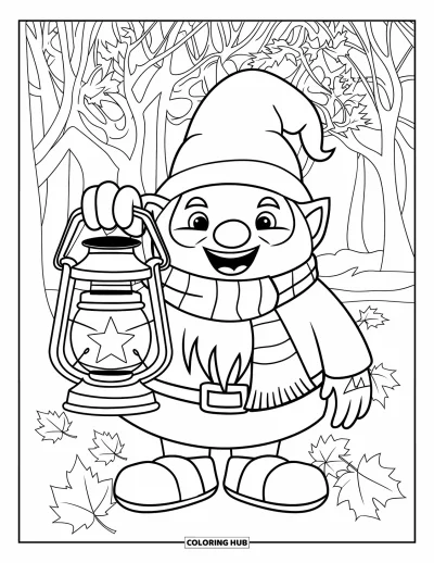 Coloriage de gnome d'automne pour enfants : Un gnome d'automne écharpe tient une lanterne entouré de feuilles et d'arbres dénudés