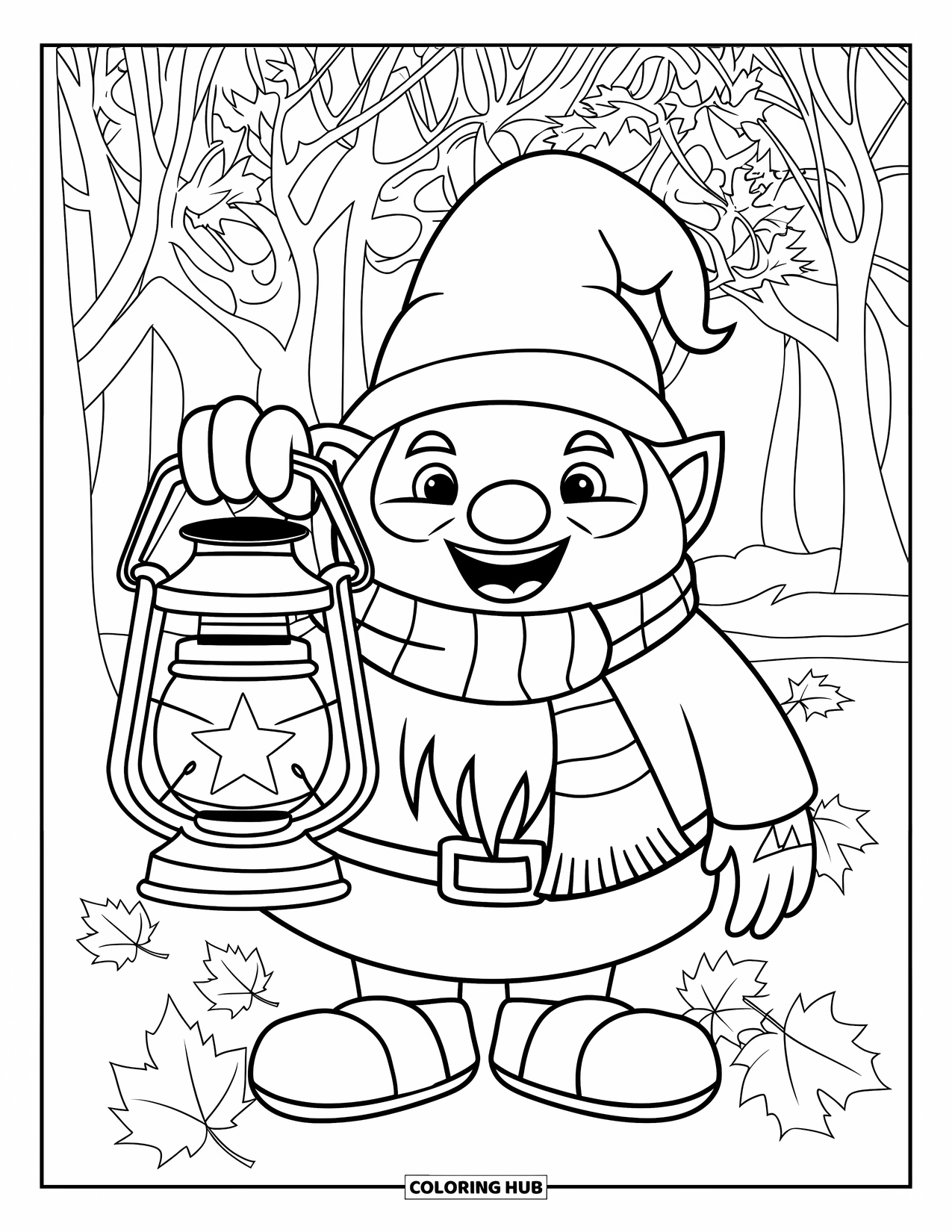 Fall Gnome Coloring Page for Kids: A fall gnome with a scarf holds a lantern surrounded by leaves and bare trees