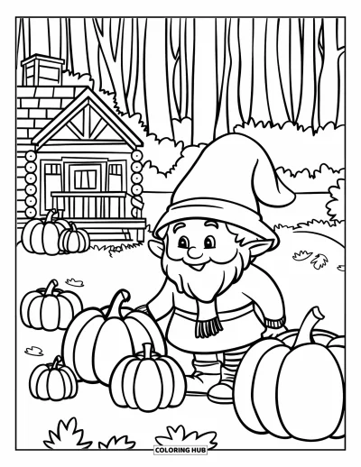 Coloriage de gnome d'automne pour enfants : Un gnome dispose des citrouilles devant une cabane en bois nichée dans la forêt