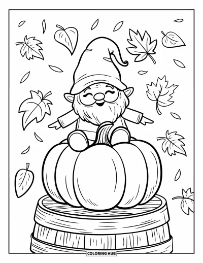 Coloriage de gnome d'automne pour enfants : Un gnome garde l'équilibre sur une citrouille dans une tempête de feuilles d'automne tourbillonnantes