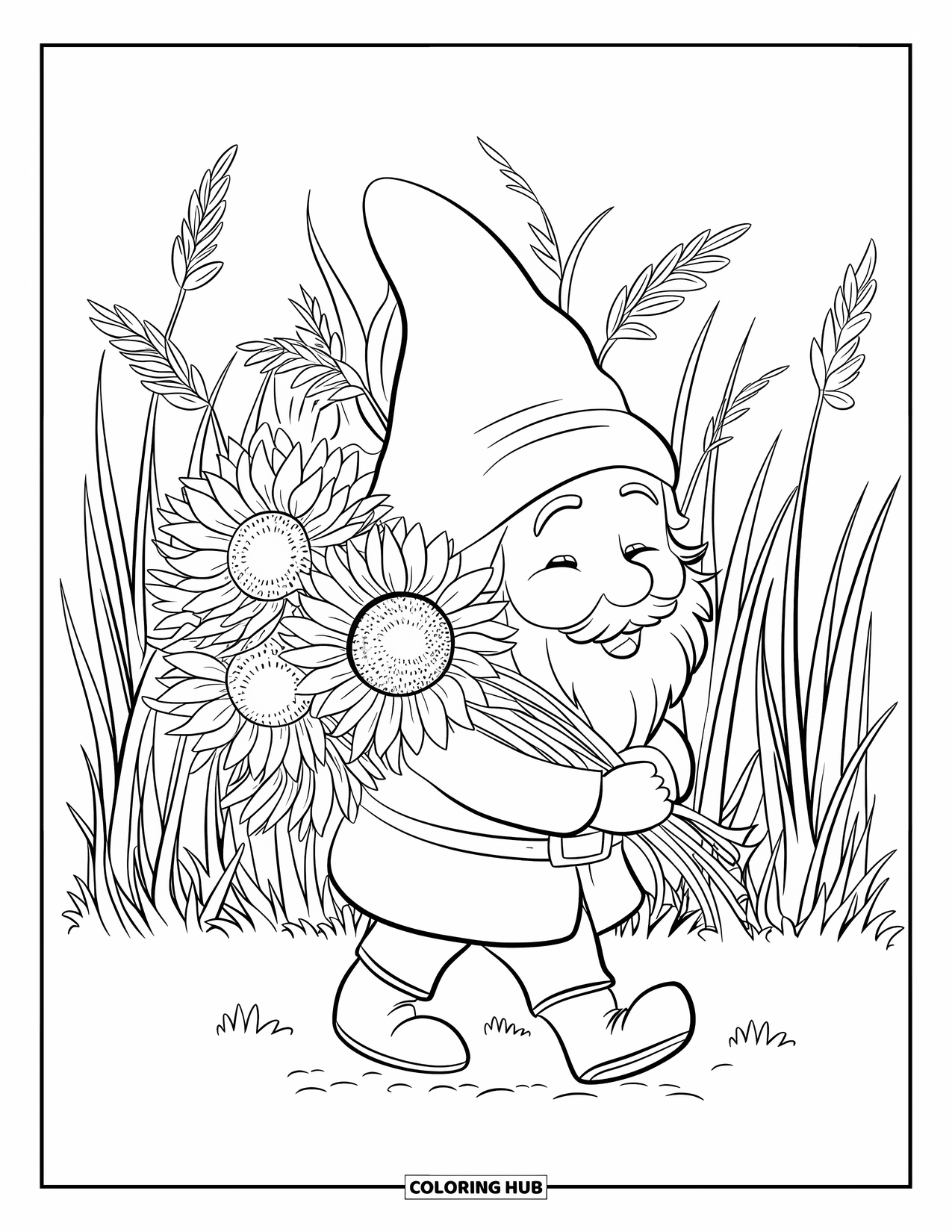 Fall Gnome Coloring Page for Kids: A gnome carries sunflowers across a field of tall grass under the open sky