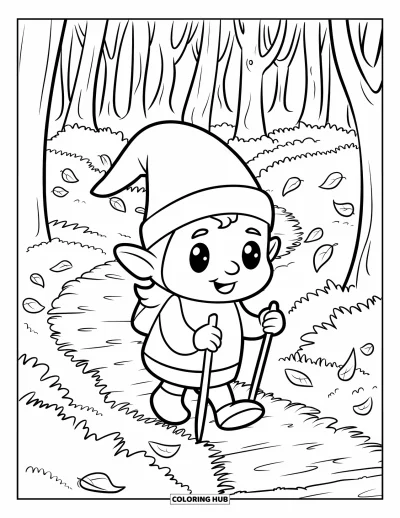 Coloriage de gnome d'automne pour enfants : Un gnome randonne sur un sentier forestier avec des feuilles tourbillonnantes et un bâton de marche