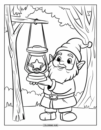 Coloriage de gnome d'automne pour enfants : Un gnome tient une lanterne surmontée d'une étoile dans un décor de forêt
