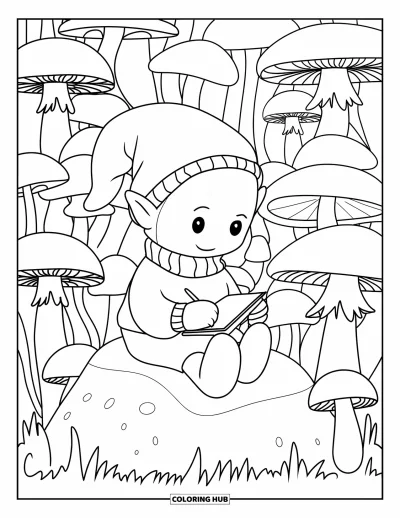Coloriage de gnome d'automne pour enfants : Un gnome en pull dessine de grands champignons dans une forêt pleine d'arbres
