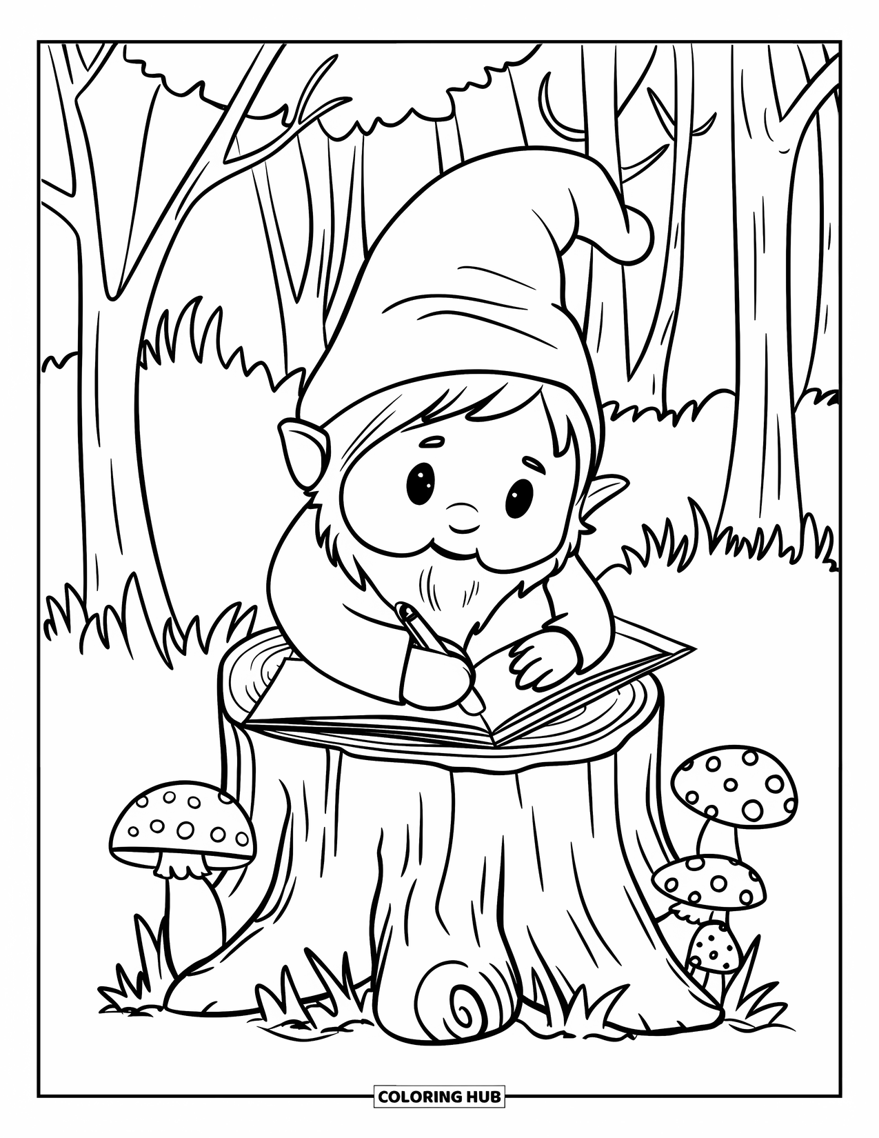 Fall Gnome Coloring Page for Kids: A gnome journals peacefully on a stump surrounded by mushrooms and tall trees