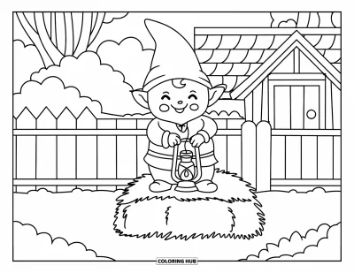 Coloriage de gnome d'automne pour enfants : Un gnome allume une lanterne debout sur une botte de foin près d'un chalet accueillant