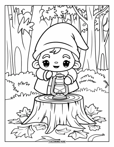 Coloriage de gnome d'automne pour enfants : Un gnome pose une lanterne sur une souche entourée d'arbres et de feuilles tombantes