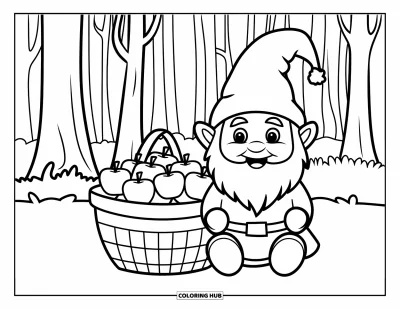 Coloriage de gnome d'automne pour enfants : Un gnome est assis près d'un panier de pommes dans une forêt aux grands arbres