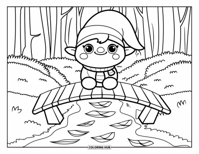 Coloriage de gnome d'automne pour enfants : Un gnome est assis sur un pont au-dessus d'un ruisseau feuillé dans une forêt d'automne paisible