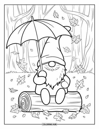 Coloriage de gnome d'automne pour enfants : Un gnome est assis sur un rondin avec un parapluie pendant que les feuilles tombent doucement autour de lui