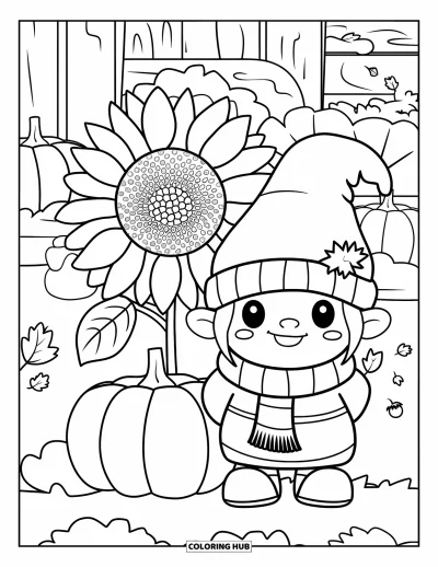 Coloriage de gnome d'automne pour enfants : Un gnome se tient près d'un immense tournesol avec des citrouilles et une décoration d'automne chaleureuse
