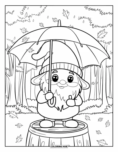 Coloriage de gnome d'automne pour enfants : Un gnome debout sur un tonneau tient un parapluie sous des feuilles d'automne tourbillonnantes