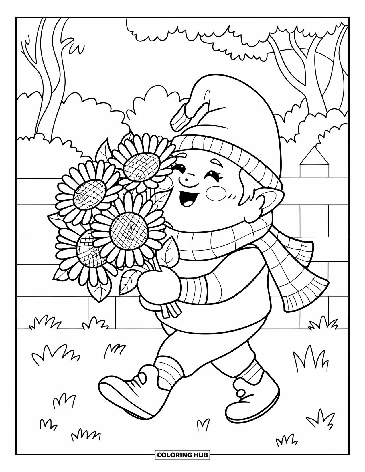 Fall Gnome Coloring Page for Kids: A gnome walks past a fence with sunflowers in his arms and trees behind him