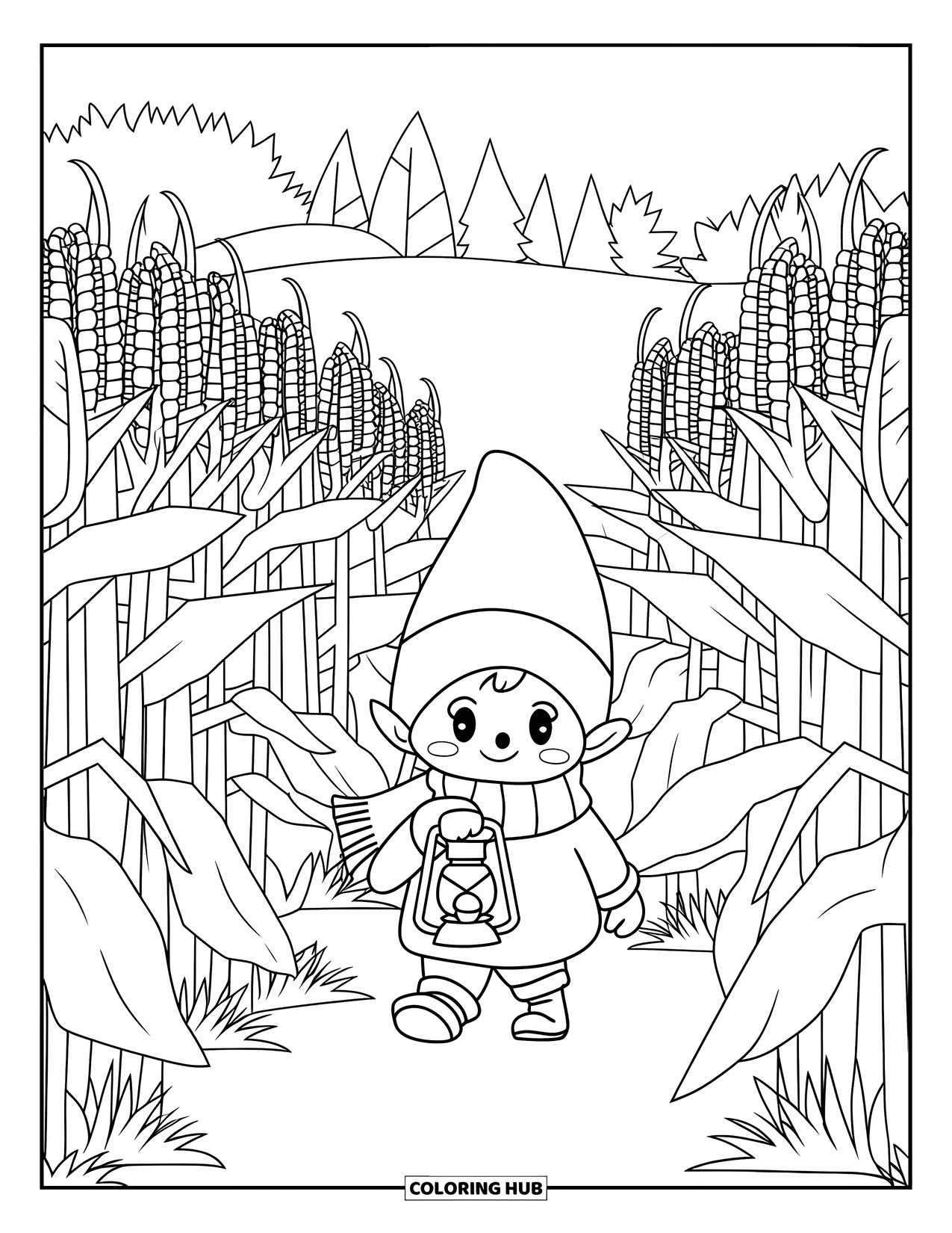 Fall Gnome Coloring Page for Kids: A gnome with a lantern explores a tall corn maze surrounded by hills and trees