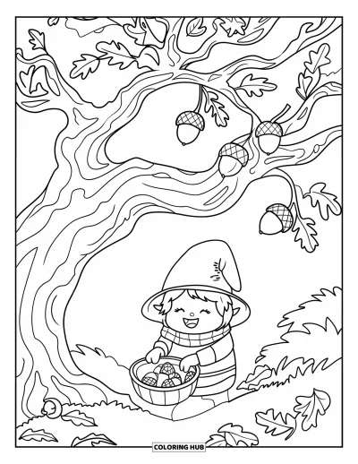 Coloriage de gnome d'automne pour enfants : Un gnome écharpe ramasse des glands sous un arbre dont les feuilles tombent
