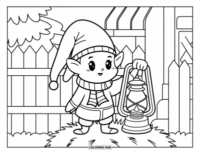 Coloriage de gnome d'automne pour enfants : Un gnome écharpe allume une lanterne près d'un chalet et d'une clôture en bois