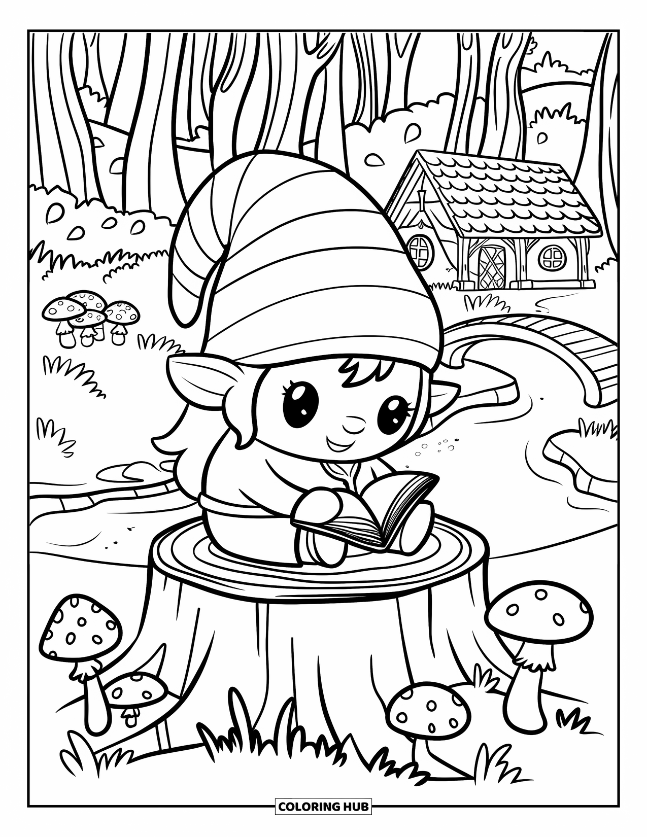 Fall Gnome Coloring Page for Kids: A gnome writes in his journal near mushrooms, a bridge, and a forest cabin