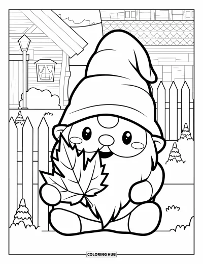 Coloriage de gnome d'automne pour enfants : Un gnome heureux tient une feuille d'érable près d'une maison, d'une clôture et d'un lampadaire