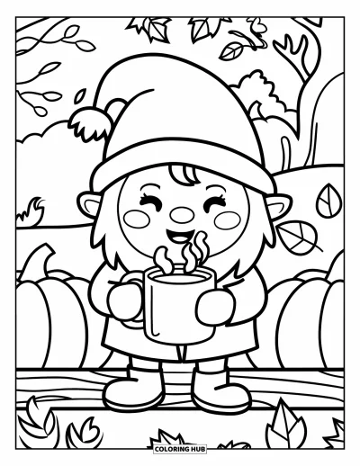 Coloriage de gnome d'automne pour enfants : Un gnome souriant se tient sur un rondin, une tasse à la main, avec des arbres et des feuilles derrière lui