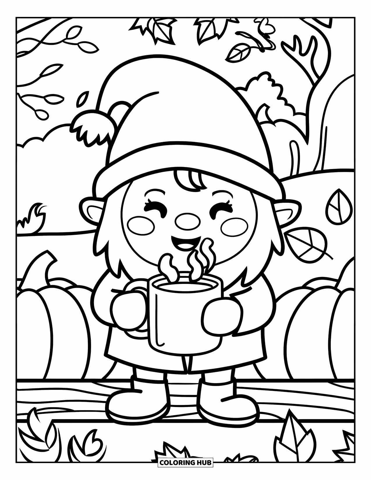 Fall Gnome Coloring Page for Kids: A happy gnome stands on a log holding a mug with trees and leaves behind