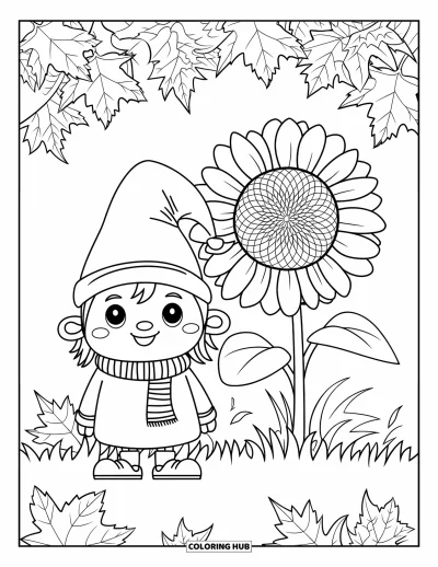 Coloriage de gnome d'automne pour enfants : Un gnome écharpe se tient près d'un tournesol avec des feuilles éparpillées et une douce lumière d'automne