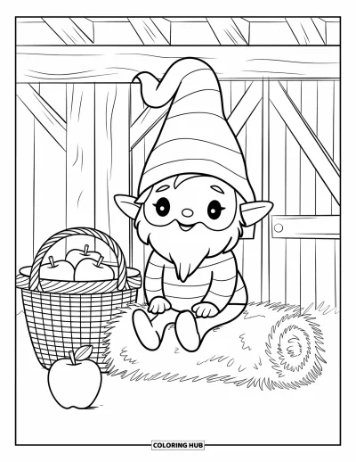 Coloriage de gnome d'automne pour enfants : Un gnome souriant est assis sur une botte de foin près de pommes et d'une grange en bois