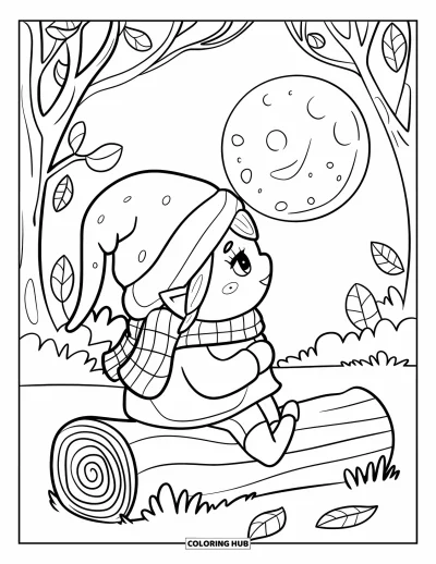 Coloriage de gnome d'automne pour enfants : Un gnome pensif est assis sur un rondin et contemple la lune dans une forêt d'automne
