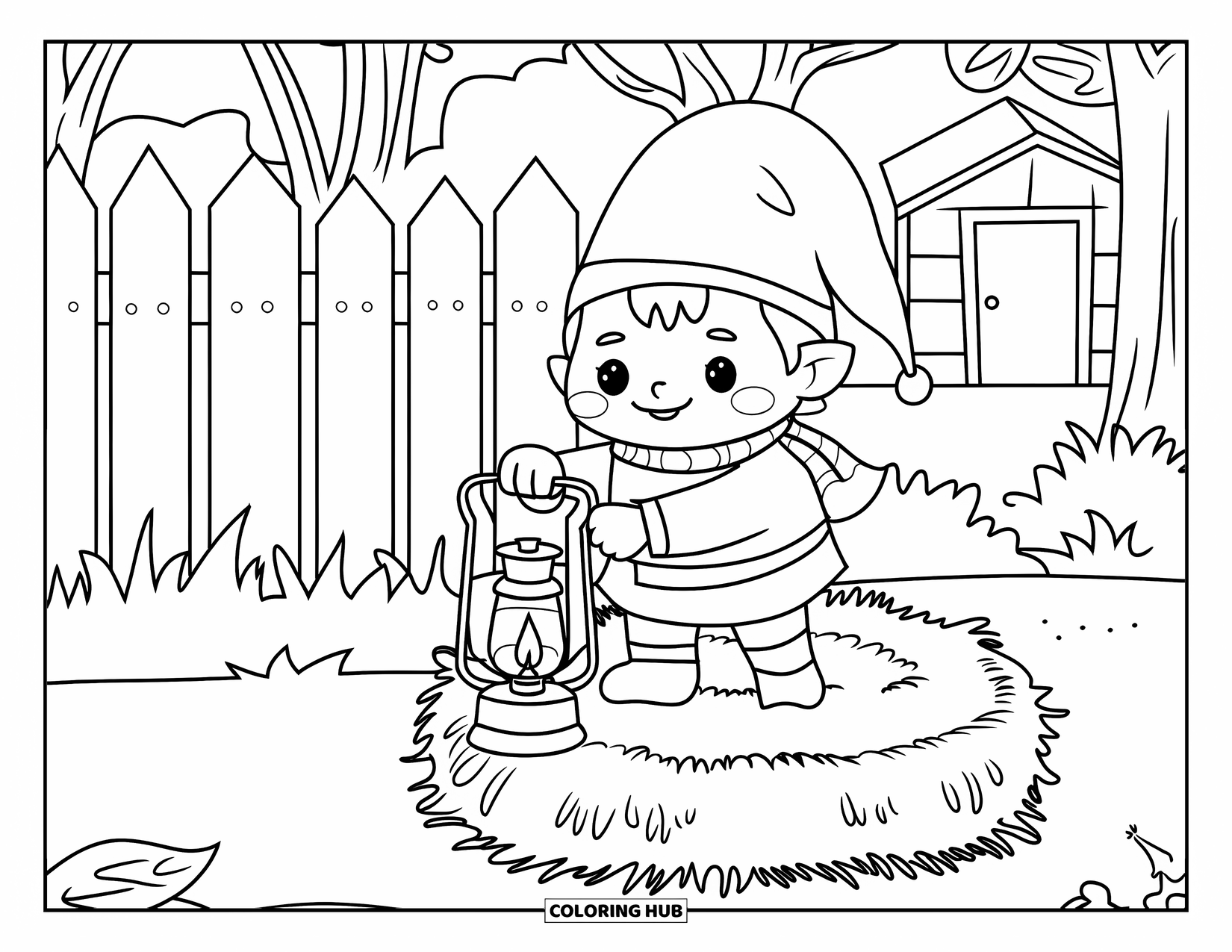Fall Gnome Coloring Page for Kids: A warm gnome lights a lantern on a hay bale near trees and a shed