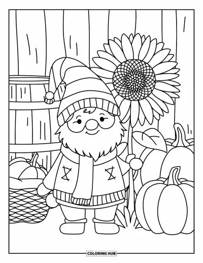 Coloriage de gnome d'automne pour enfants : Un gnome chaleureux pose près d'un grand tournesol avec un panier et des citrouilles à proximité