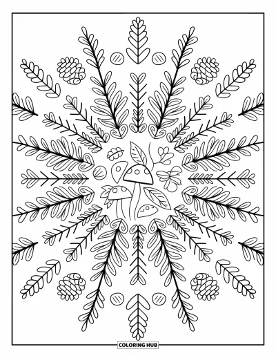 Coloriage de mandala d'automne pour adultes : Un cercle de champignons laisse place à des pommes de pin, baies et herbes douces