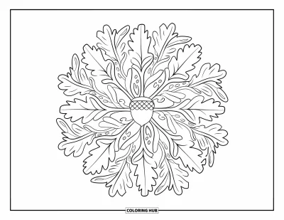 Coloriage de mandala d'automne pour adultes : Gland au centre d'un mandala forestier feuillu