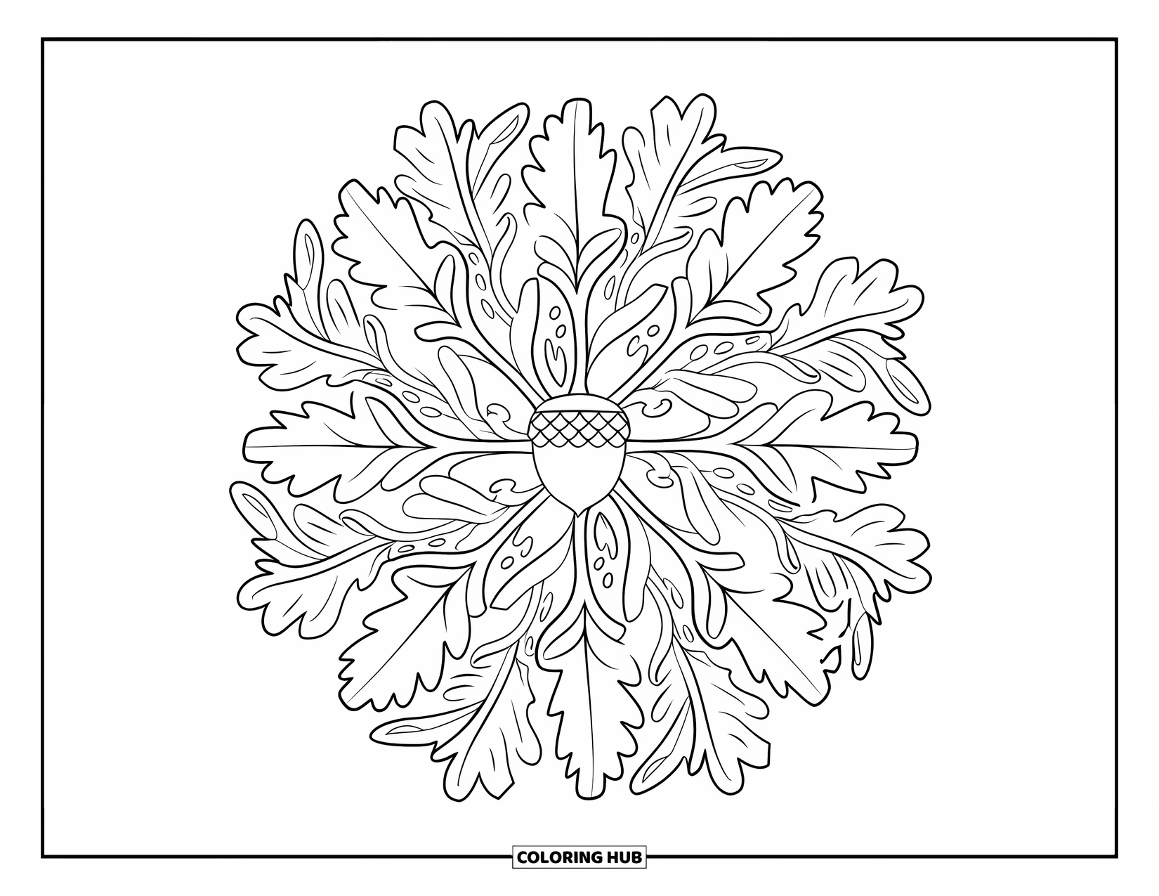 Fall Mandala Coloring Page for Adults: Acorn at the center of a leafy forest mandala pattern