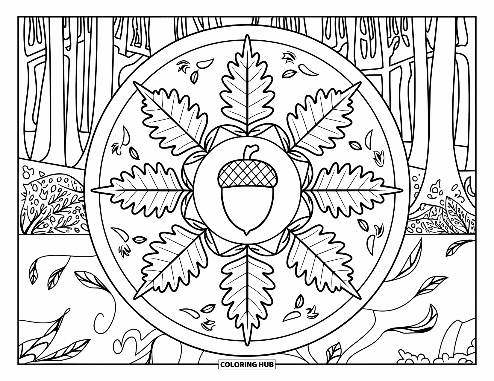 Fall Mandala Coloring Page for Adults: Acorn mandala surrounded by oak leaves, twigs, and forest branches