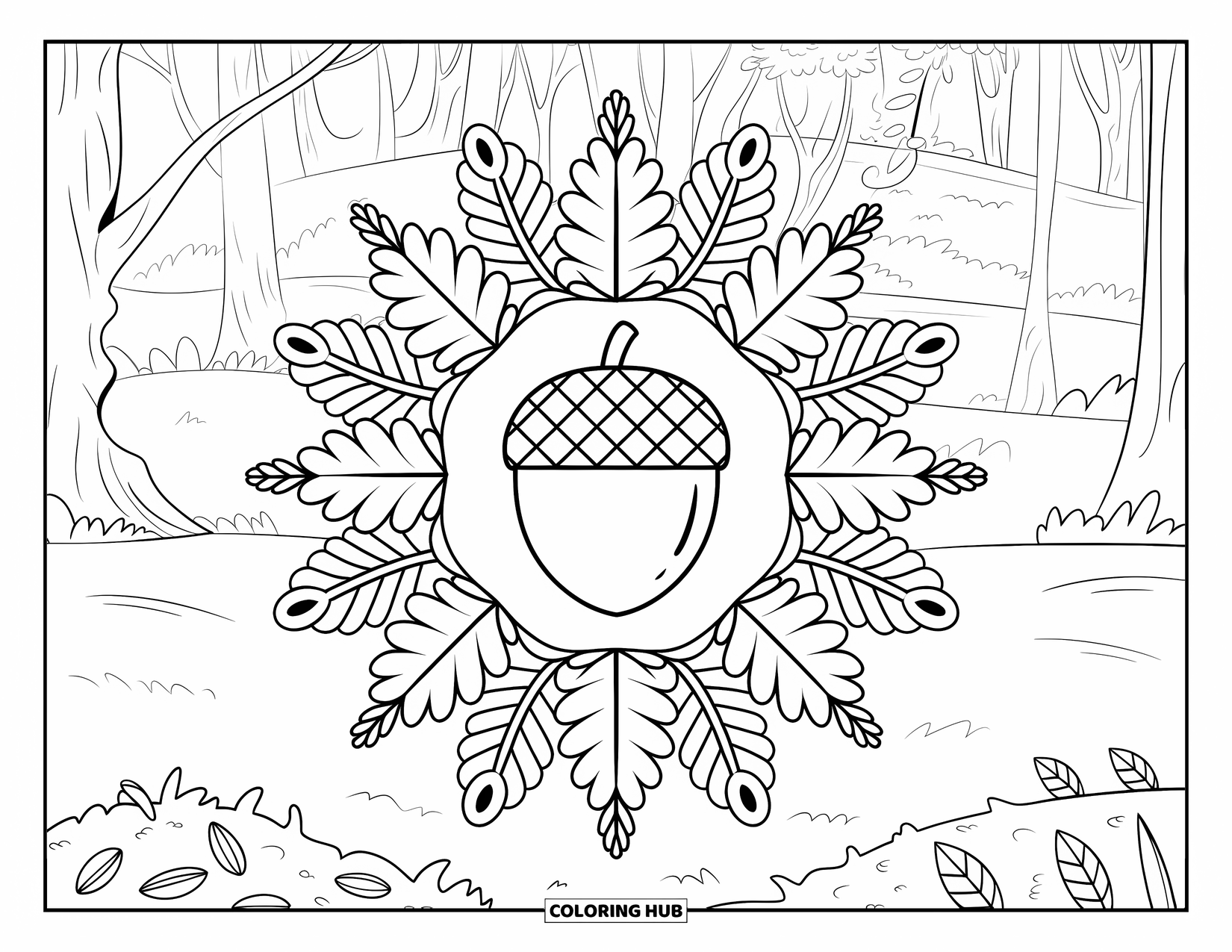 Fall Mandala Coloring Page for Adults: Acorn mandala with forest leaves, twigs, and a tree path