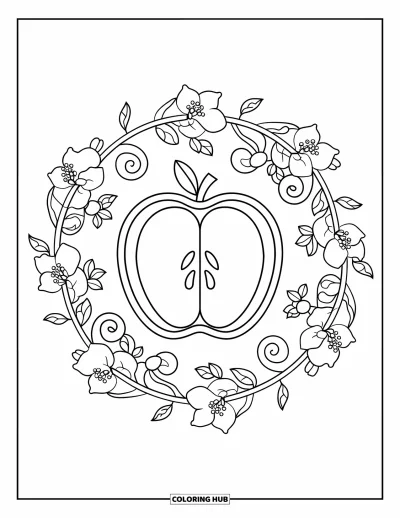 Coloriage de mandala d'automne pour adultes : Tranche de pomme avec des lianes et fleurs tourbillonnantes sur fond épuré
