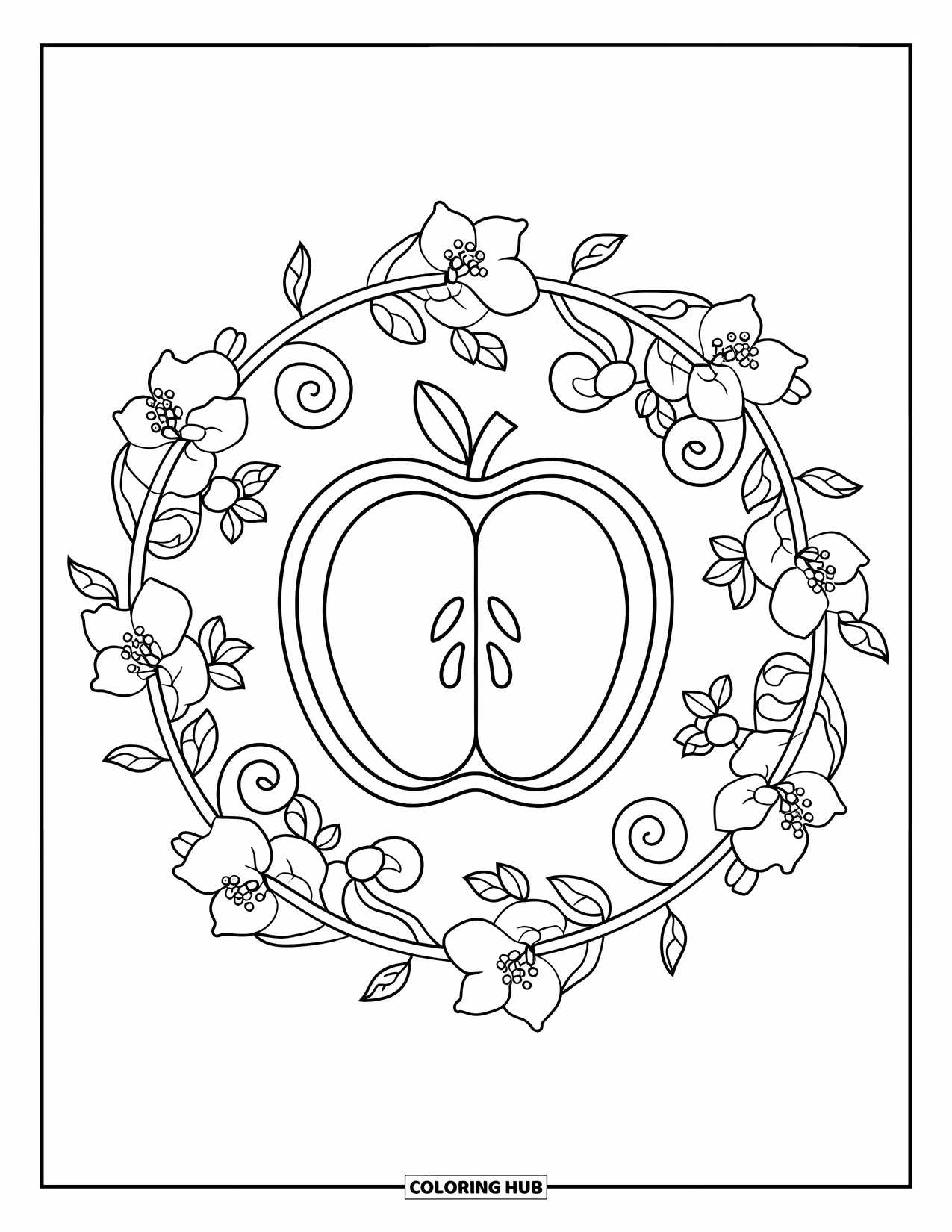 Fall Mandala Coloring Page for Adults: Apple slice with swirling vines and flowers on a plain canvas