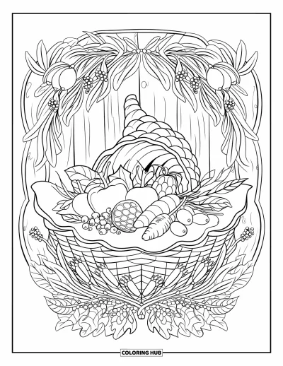 Coloriage de mandala d'automne pour adultes : Panier-corne d'abondance entouré d'herbes, de gousses et de textures rustiques