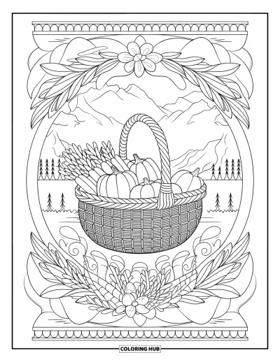 Coloriage de mandala d'automne pour adultes : Panier de légumes dans un mandala avec montagnes et arbres