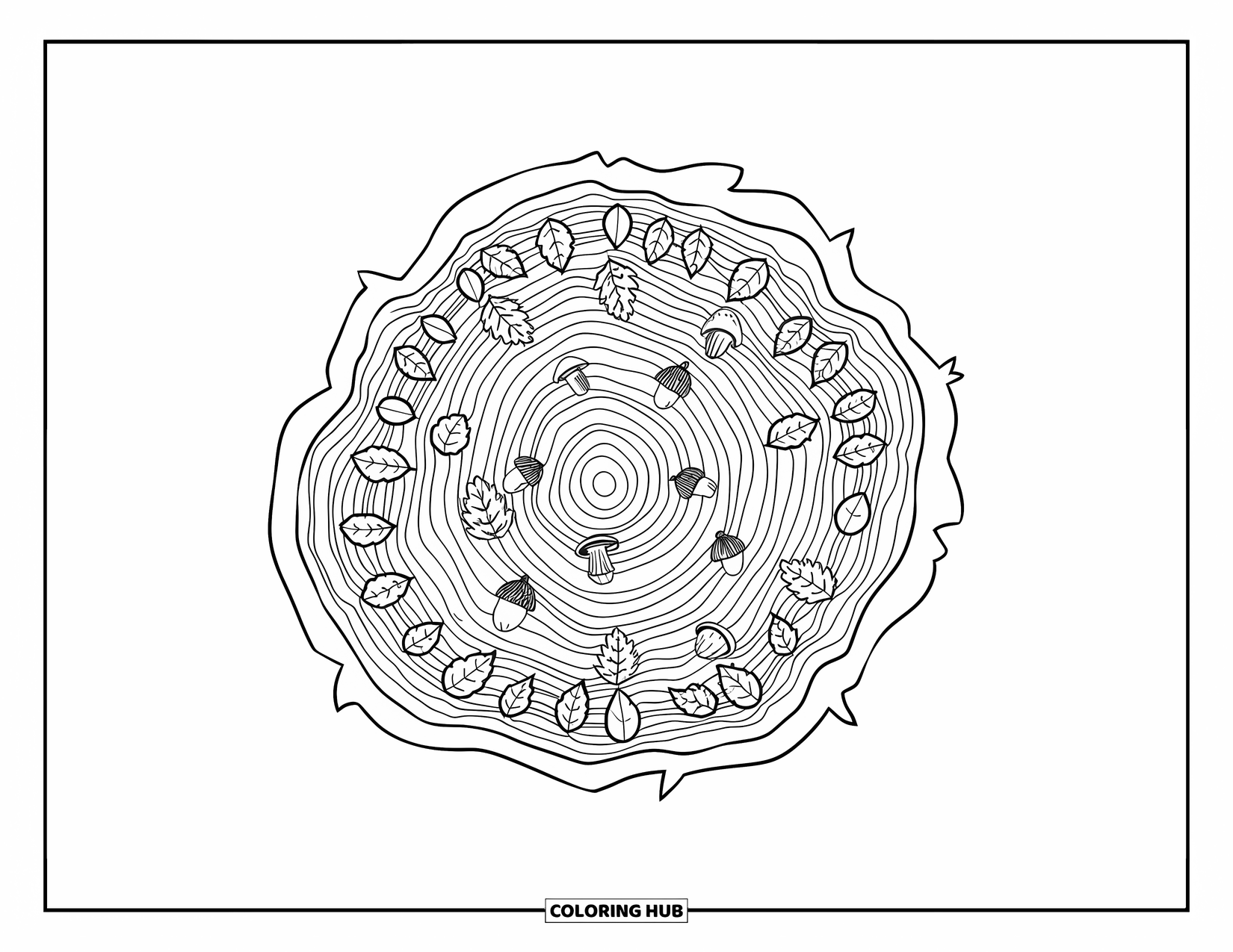 Fall Mandala Coloring Page for Adults: Botanical tree stump with mushrooms and scattered acorns