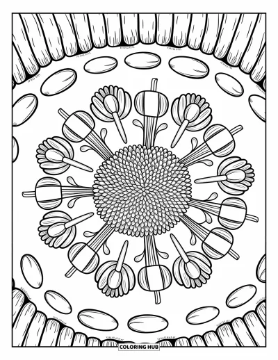 Coloriage de mandala d'automne pour adultes : Des chrysanthèmes s'épanouissent dans un mandala d'outils de jardin, citrouilles et feuilles de chou