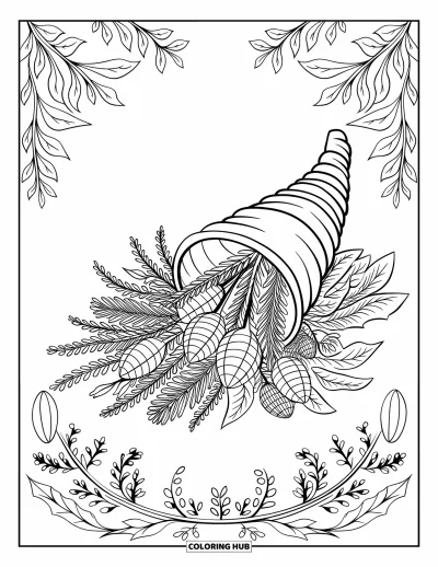 Coloriage de mandala d'automne pour adultes : Corne d'abondance débordant d'herbes séchées, de lianes et de gousses