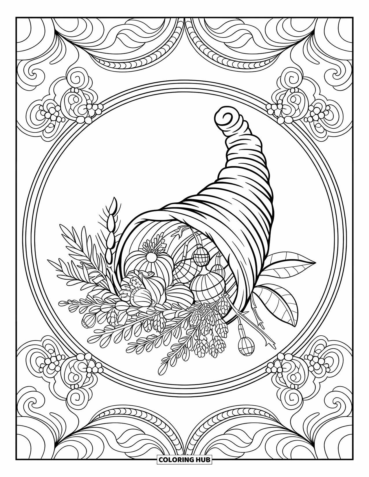 Fall Mandala Coloring Page for Adults: Cornucopia with dried herbs and vines inside a decorative circular pattern