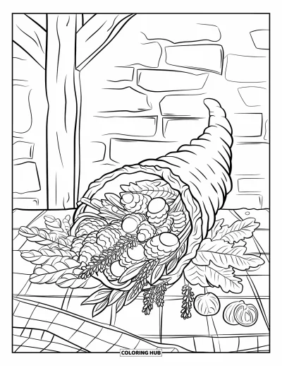 Coloriage de mandala d'automne pour adultes : Corne d'abondance avec herbes, gousses et fruits sur une table rustique