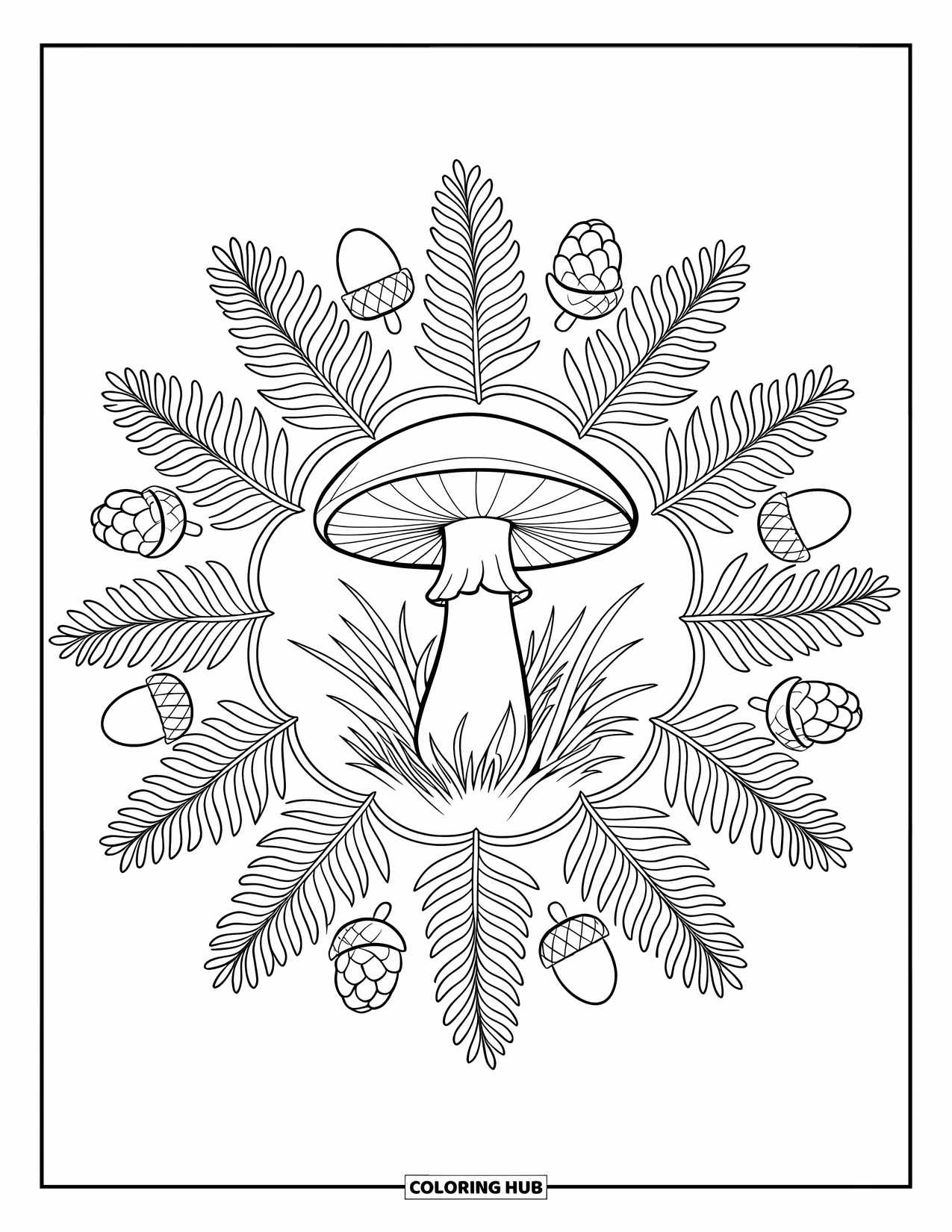 Fall Mandala Coloring Page for Adults: Detailed mushroom mandala with ferns, acorns, and pinecones