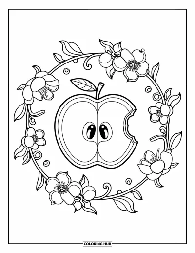 Coloriage de mandala d'automne pour adultes : Tranche de pomme croquée à moitié avec des fleurs, lianes et volutes de feuilles