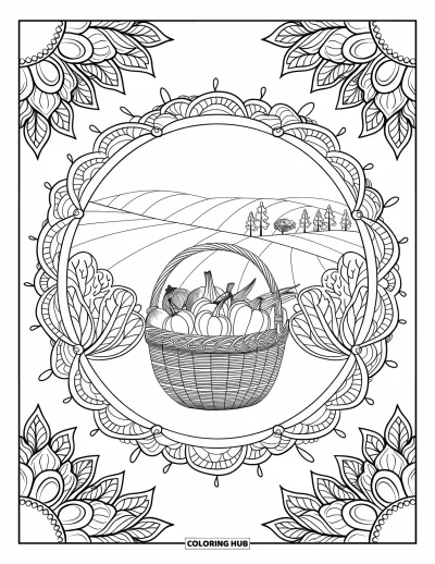 Coloriage de mandala d'automne pour adultes : Panier de récolte encadré de fleurs et de collines au loin